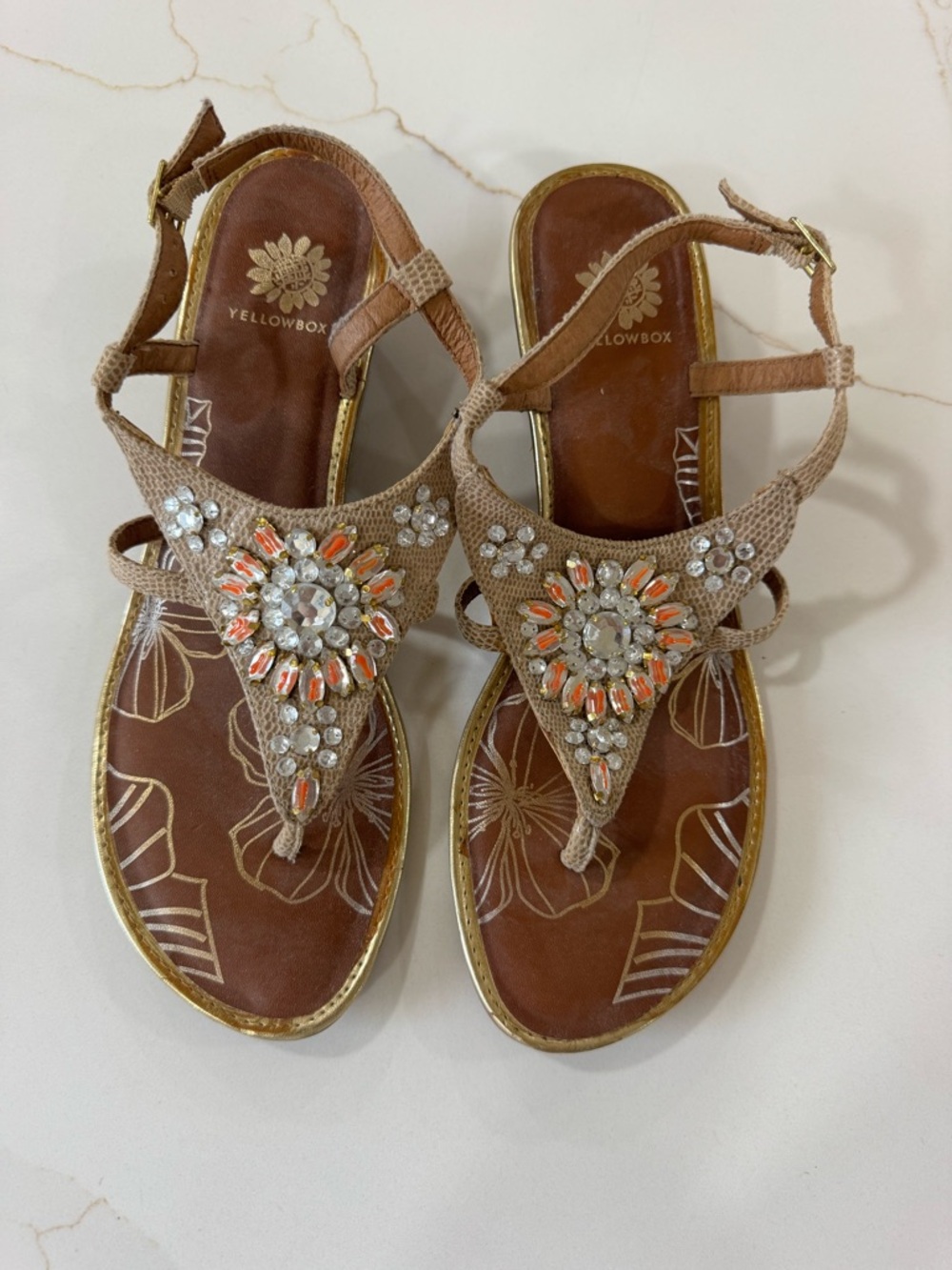 Yellow Box Tan Jeweled T-Strap Sandals with Coral Accents